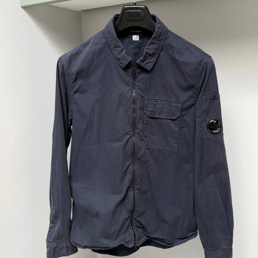 CP Company Blue Organic Gabardine Full Zip Lens Overshirt - Medium
