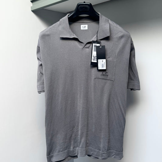CP Company Smoke Grey Knitted Embroidered Logo Short Sleeve Polo Shirt - Large