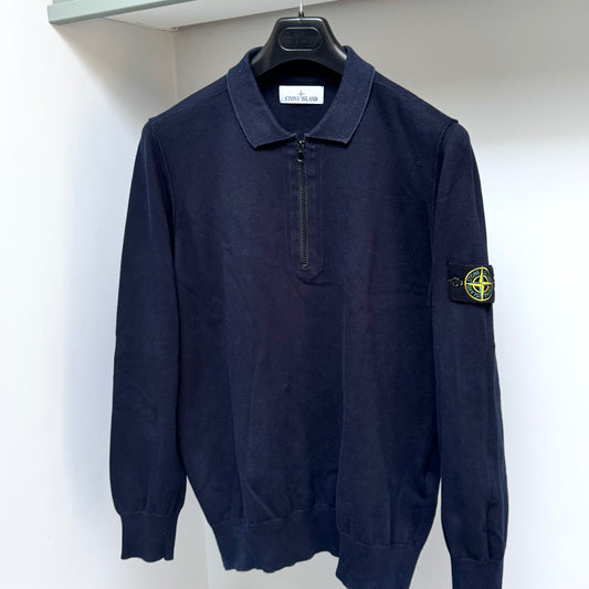 Stone Island Navy Blue Knitted Organic Soft Cotton Half Zip Jumper - Large ptp21.5”
