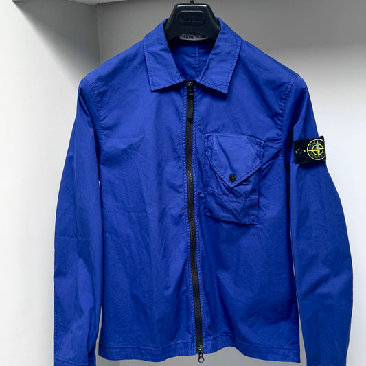 Stone Island Electric Blue Supima Cotton Twill Stretch Full Zip Overshirt - Small