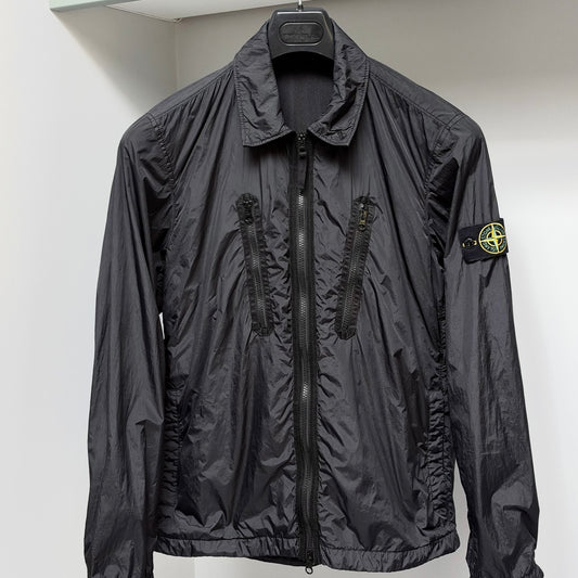 Stone Island Black Garment Dyed Crinkle Reps Full Zip Overshirt - Small