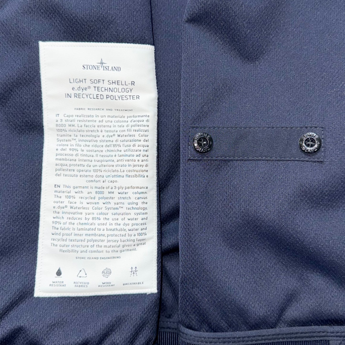 Stone Island Light Soft Shell-R e.dye Technology In Recycled Polyester Full Zip Badge Jacket - Large ptp22”