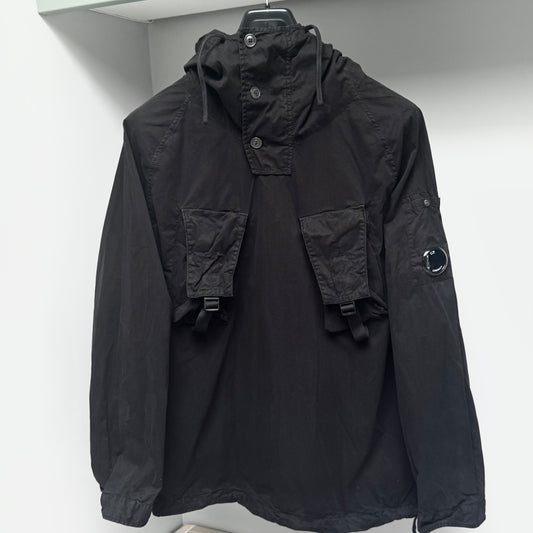 CP Company Black Hooded Gabardine Quarter Button Up Pullover Lens Smock Overshirt - Large ptp23”