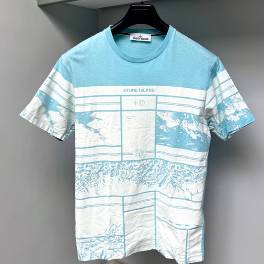Stone Island Aqua Blue Mural Graphic Print Logo T shirt - Small