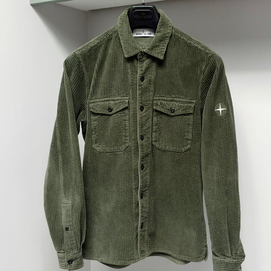 Stone Island Green Organic Cotton Corduroy Embroidered Compass Button Up Overshirt - Small