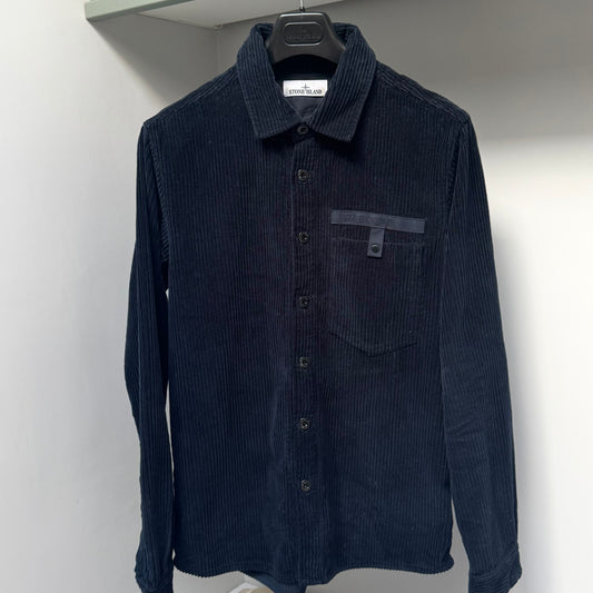 Stone Island Navy Blue Cotton Corduroy Spellout Logo Button Up Overshirt - Medium
