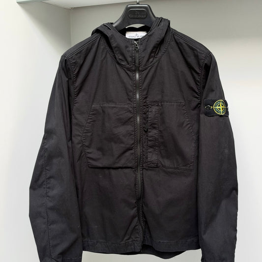 Stone Island Black Hooded Supima Cotton Twill Stretch Full Zip Overshirt - Medium