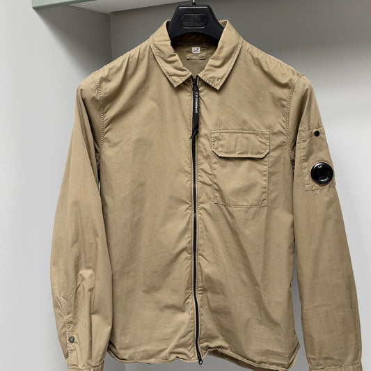 CP Company Beige Organic Gabardine Full Zip Lens Overshirt - Large