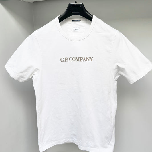 CP Company White Heavy Mercerized Cotton 30/2 Embroidered Spellout Logo T shirt - Small ptp19”