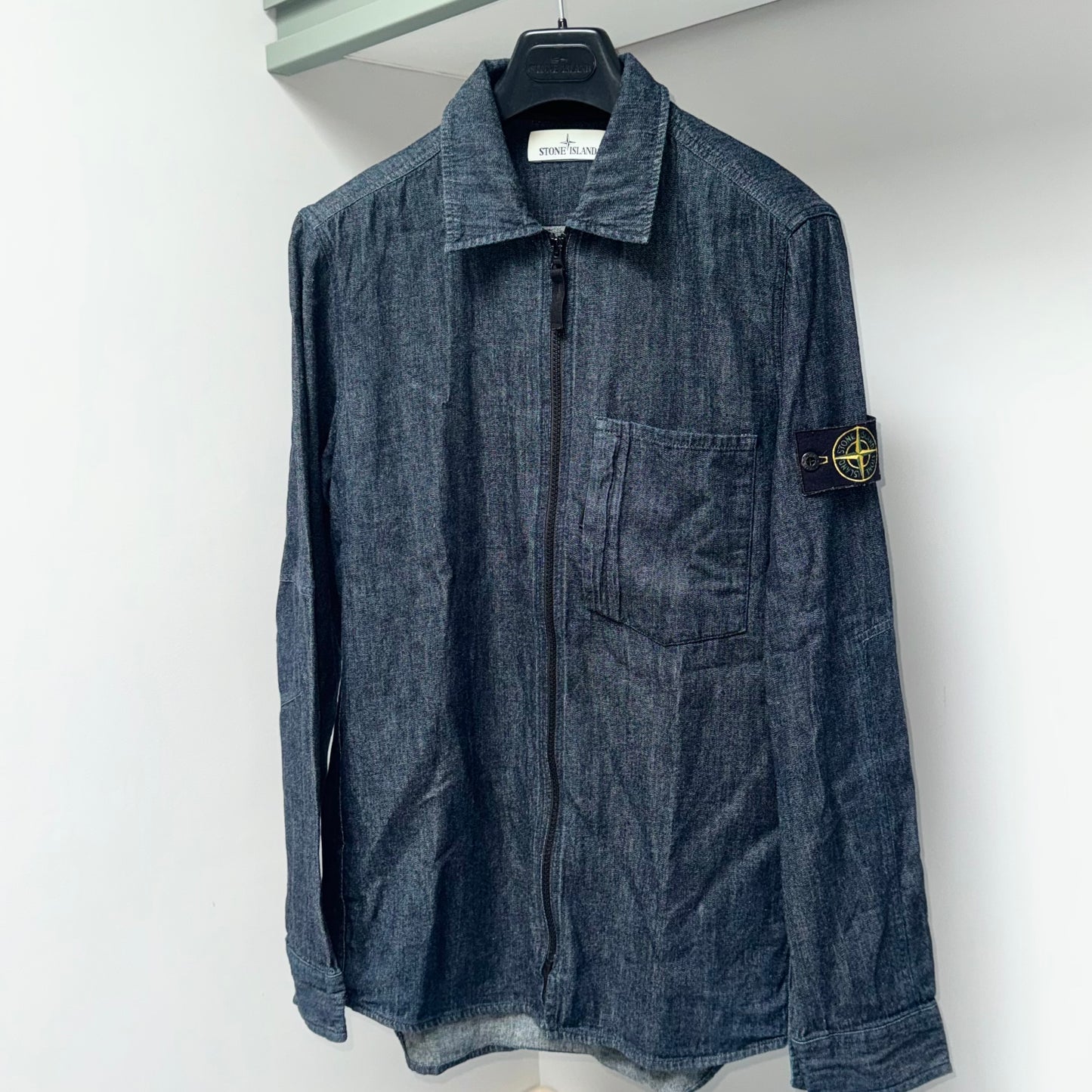 Stone Island Denim Full Zip Badge Overshirt - Medium ptp20”