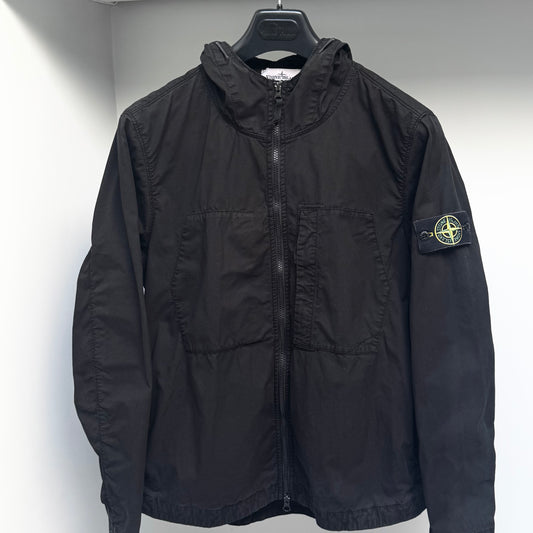 Stone Island Black Hooded Supima Cotton Twill Stretch-TC Full Zip Overshirt - Medium ptp21.5”