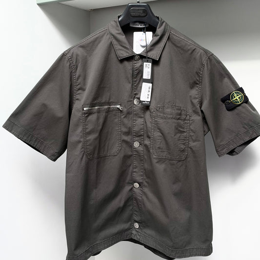 Stone Island Grey Supima Cotton Twill Stretch-TC Short Sleeve Overshirt - XL