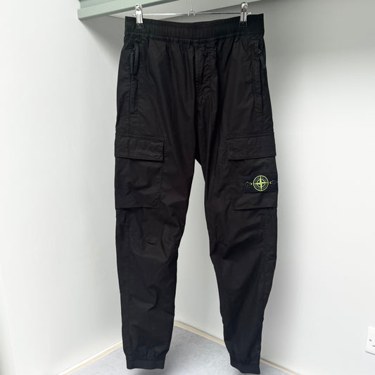 Stone Island Black Stretch Cotton Cargo Trousers - 28W Regular Tapered Fit