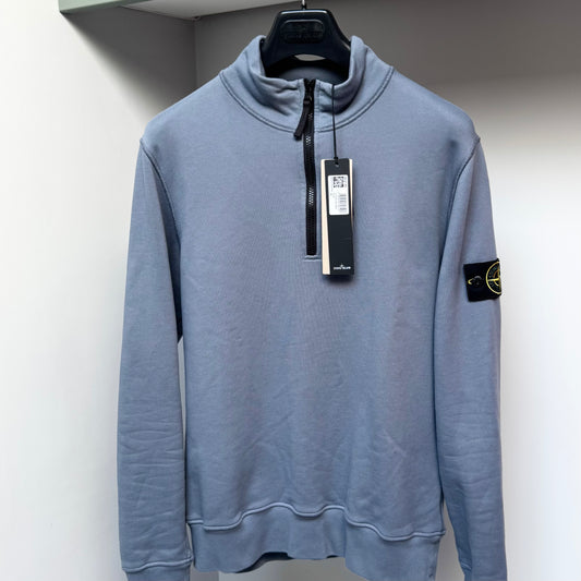 Stone Island Avio Blue Organic Cotton Fleece Quarter Zip Pullover Sweatshirt - Small