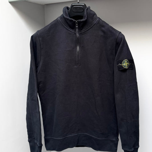 Stone Island Black Organic Cotton Fleece Quarter Zip Pullover Sweatshirt - Small