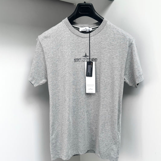 Stone Island Grey Hand Print Spellout Logo T shirt - Medium ptp19.5”