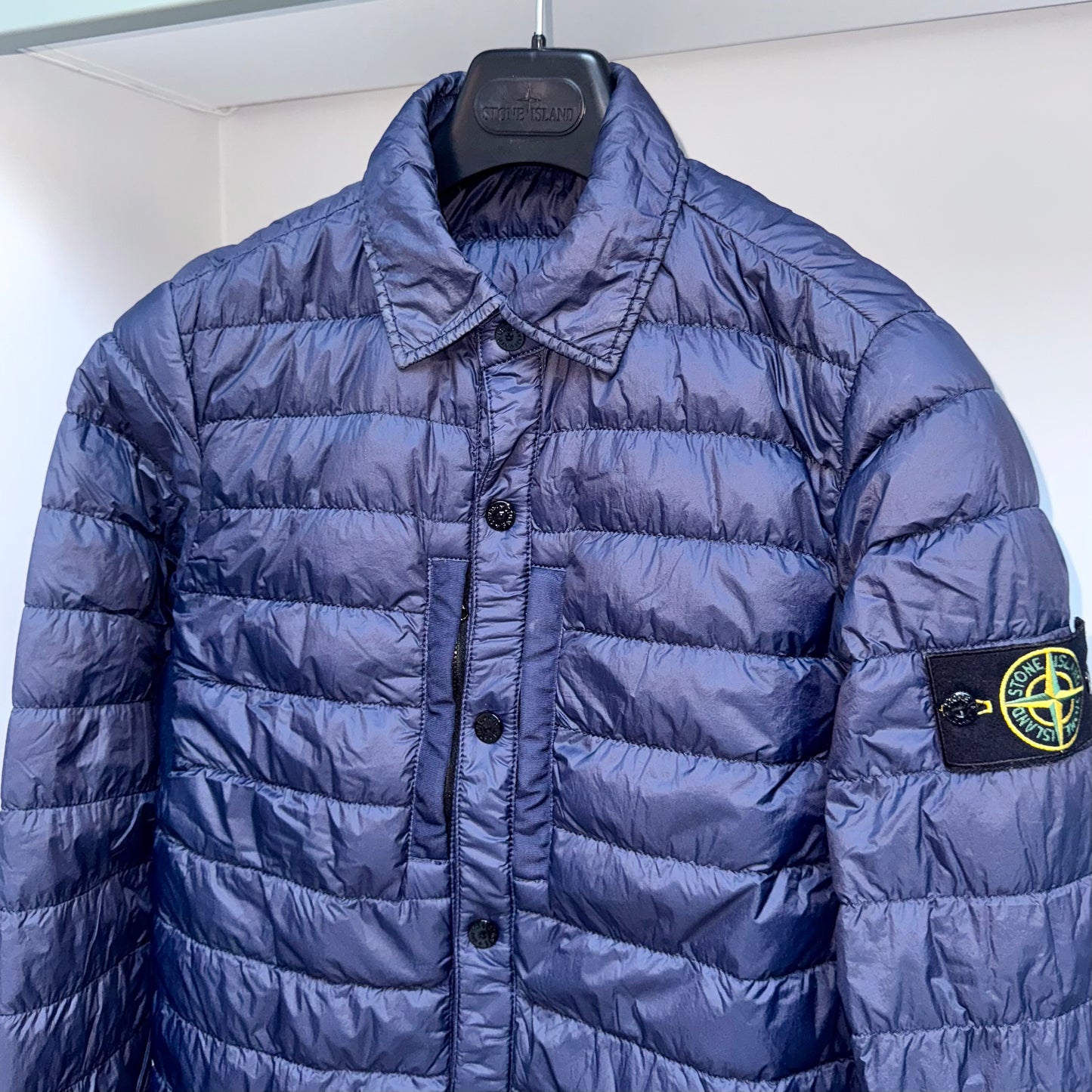 Stone Island Garment Dyed Micro Yarn Down Button Up Badge Jacket - Small