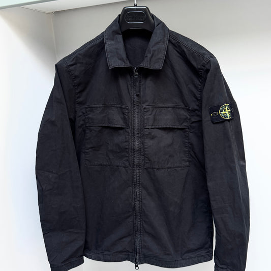 Stone Island Black Supima Cotton Twill Stretch-TC Full Zip Overshirt - Medium ptp21.5”