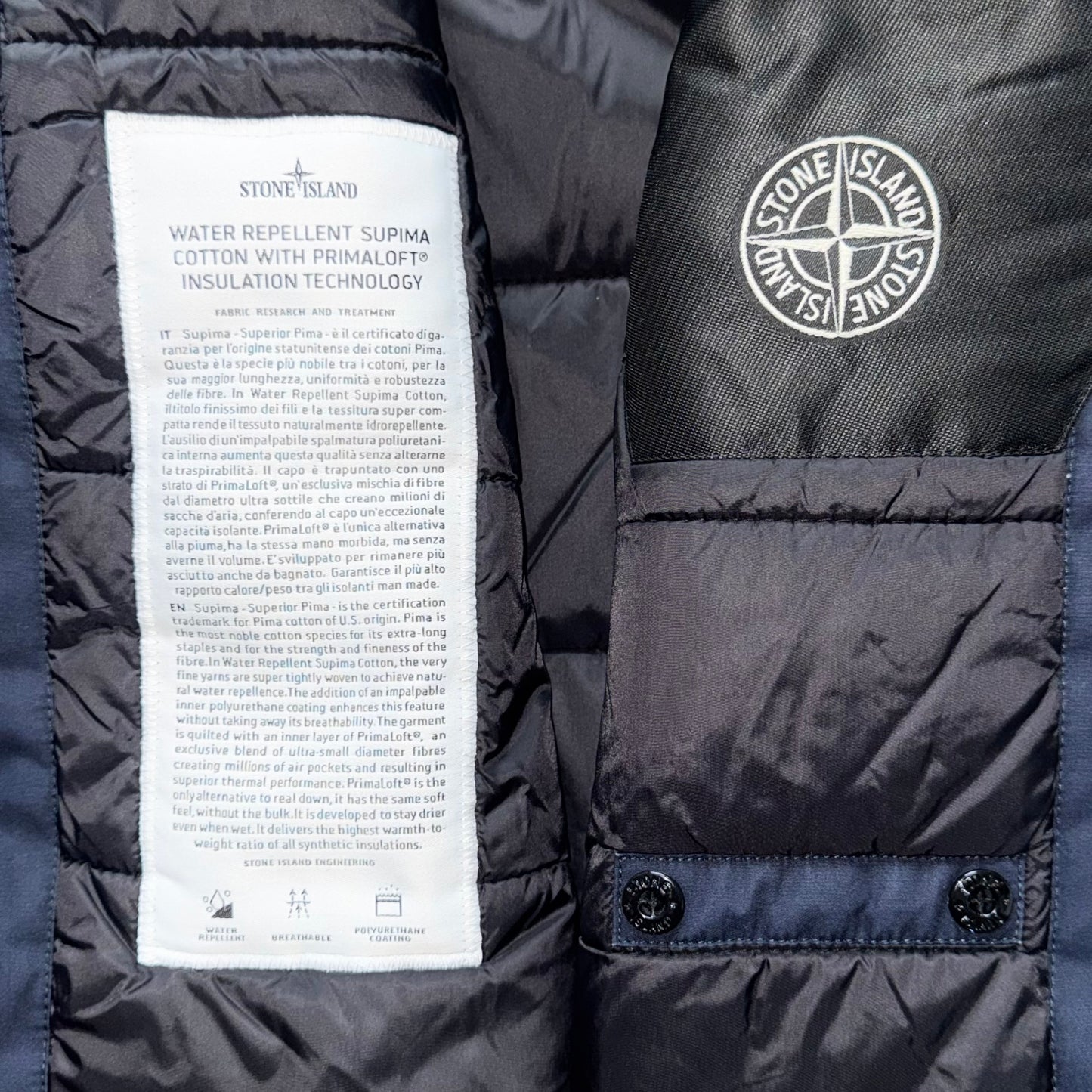 Stone Island Water Repellent Supima Cotton With Primaloft Insulation Technology Full Zip Badge Jacket - XXL ptp25.5”