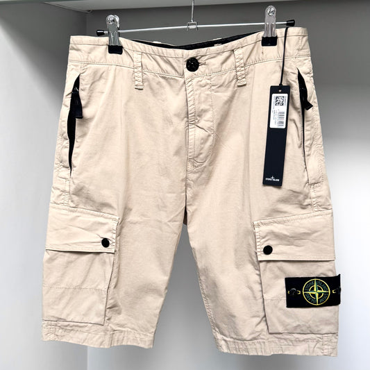 Stone Island Beige Canvas Bermuda Cargo Shorts - 28W Slim Fit