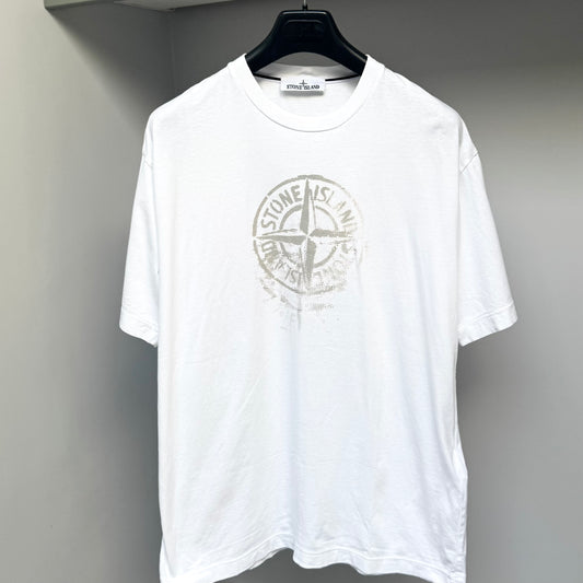 Stone Island White Compass Print Logo T shirt - Medium ptp21.5”