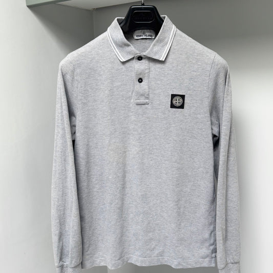 Stone Island Grey Organic Cotton Pique Long Sleeve Polo Shirt - Small