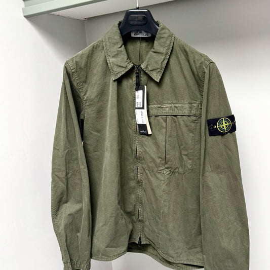 Stone Island Green Washed Brushed Organic Cotton Full Zip Overshirt - Large ptp22.5”