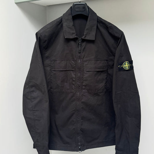 Stone Island Black Supima Cotton Twill Stretch Full Zip Overshirt - Large