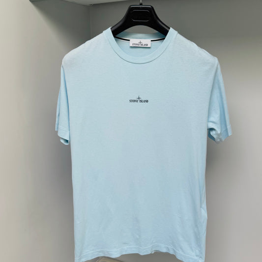 Stone Island Sky Blue Hand Print Logo T shirt - Medium ptp19.5”