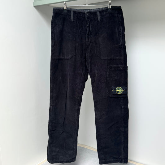 Stone Island Black Organic Cotton Corduroy Cargo Trousers - 30W Regular Fit