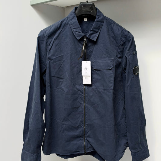 CP Company Blue Organic Gabardine Full Zip Lens Overshirt - XL