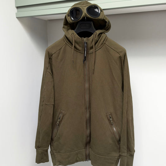 CP Company Green Diagonal Raised Fleece Full Zip Goggle Hoodie - Large