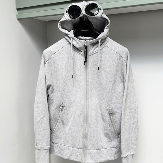 CP Company Grey Diagonal Raised Fleece Full Zip Goggle Hoodie - Medium