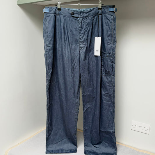 CP Company Blue 50 Fili Wax Loose Embroidered Logo Cargo Trousers - 32W Oversized Loose Fit
