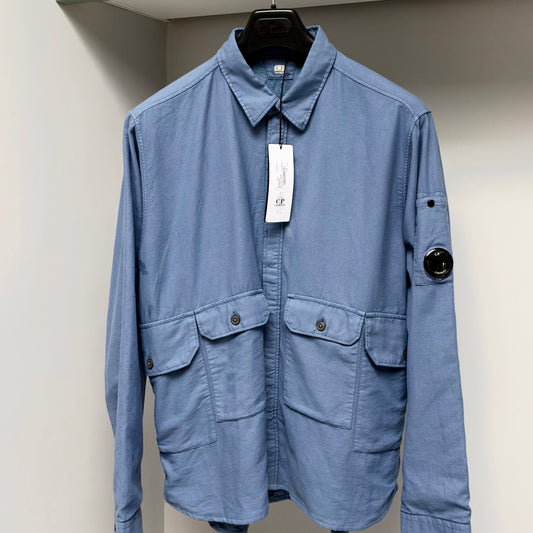 CP Company Blue Organic Cotton Flannel Button Up Lens Overshirt - Large