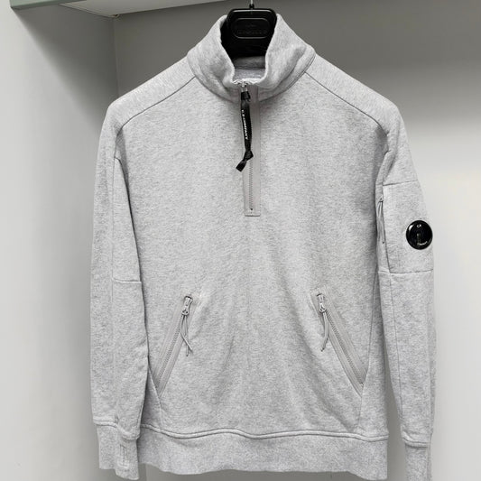CP Company Grey Diagonal Raised Fleece Quarter Zip Lens Sweatshirt - Small