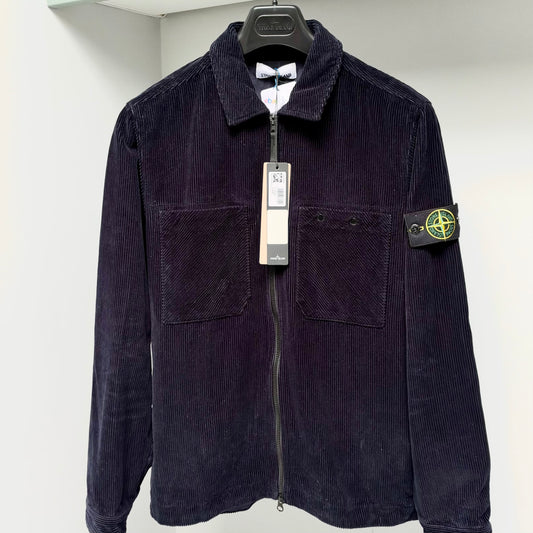 Stone Island Blue Organic Cotton Corduroy Full Zip Overshirt - Medium